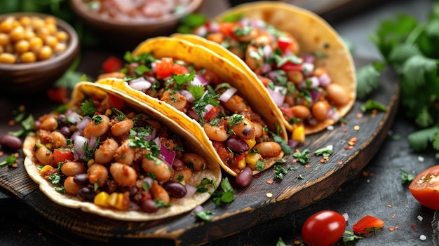 Foto tacos de rua mexicanos composição plana com carne de porco carnitas abacate cebola cilantro