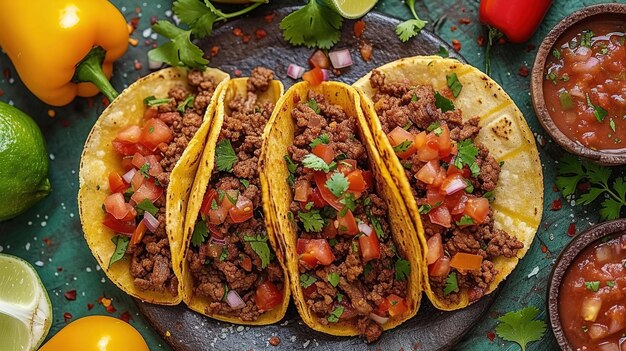 Foto tacos de rua mexicanos composição plana com carne de porco carnitas abacate cebola cilantro