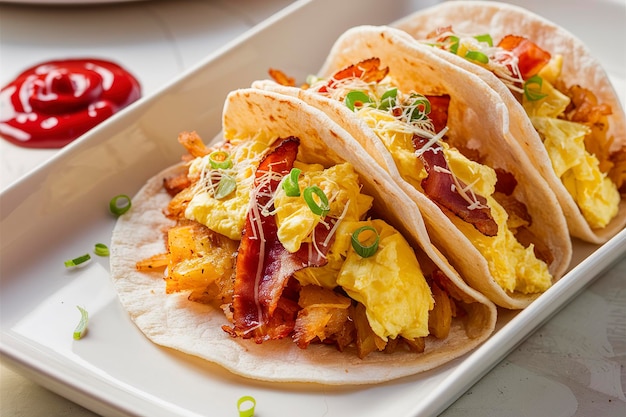 Tacos de desayuno con hashbrowns huevos revueltos y tocino con queso y cebolla verde