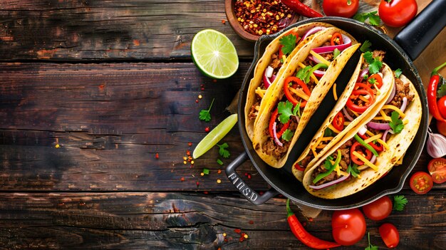 tacos e pimentas são exibidos em uma mesa de madeira