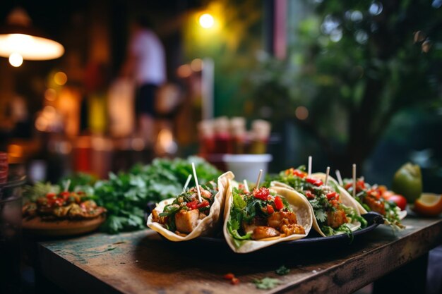 Tacos exibidos em um cardápio do lado de fora de um restaurante mexicano