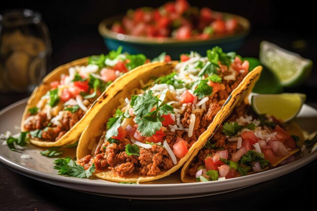 Tacos farinha crocante e tortilhas de milho preenchidas com salsa de queijo salsa e guacamole Clássico TexMex ou restaurante mexicano prato favorito Ai generativo