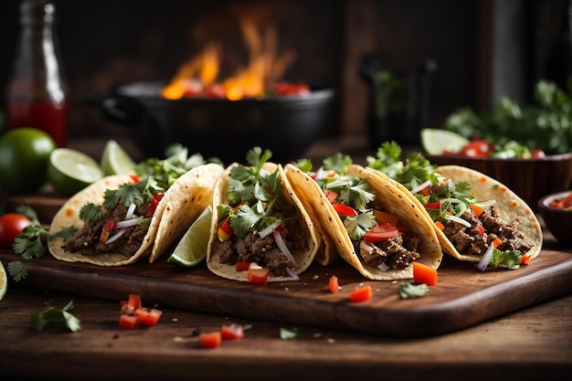 Tacos frescos com carne e legumes