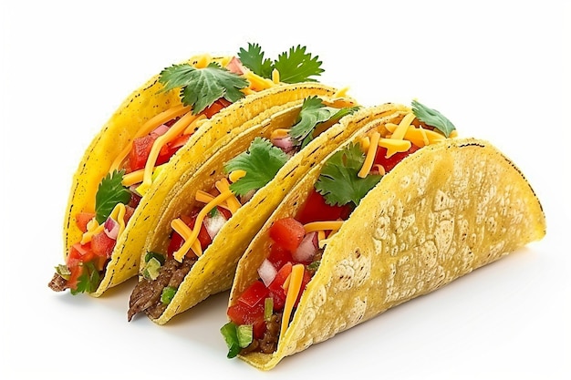 Tacos frescos suculentos com vegetais e carne de salsa cozinha mexicana isolada em fundo branco