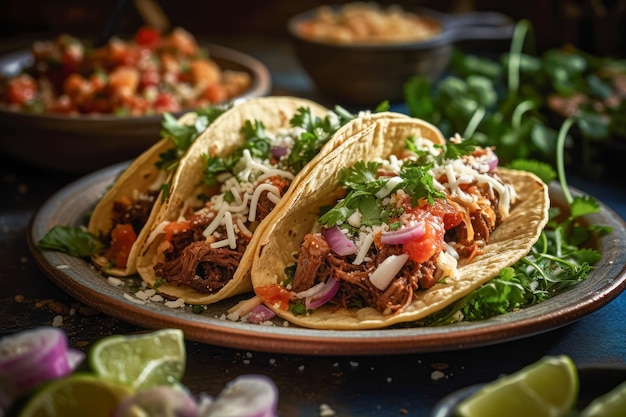 Tacos Harina crujiente y tortillas de maíz llenas de salsa de queso salsa y guacamole Clásico TexMex o restaurante mexicano Entrada favorita Ai generativo