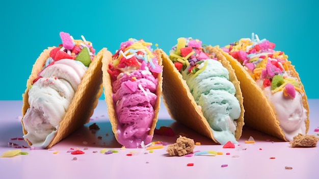 Tacos de helado Tacos crujientes que abrazan bolas de alegría cremosa cubiertas con chispas y salsas