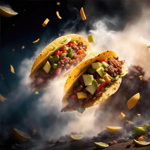 Tacos jugosos cayendo desde arriba con humo