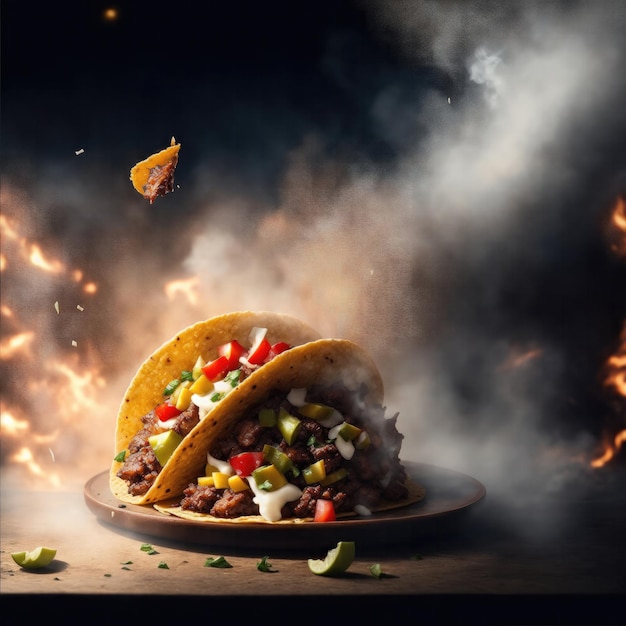 Tacos jugosos cayendo desde arriba con humo