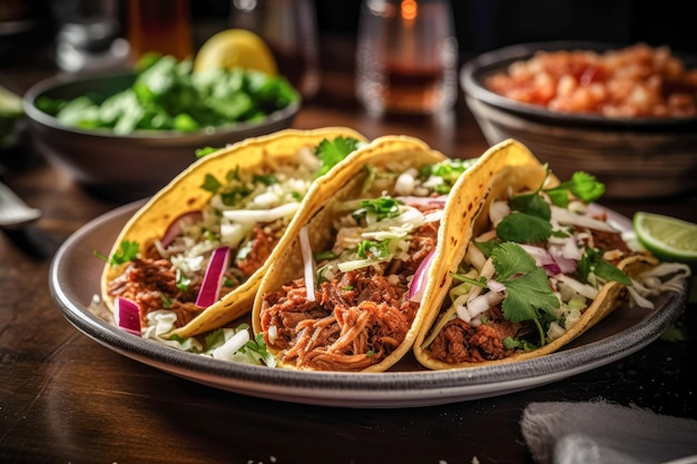 Tacos Knusprige Mehl- und Maistortillas, gefüllt mit Wurstkäse-Salsa und Guacamole. Klassisches TexMex oder mexikanisches Restaurant-Hauptgericht, beliebtes Ai-Generativ