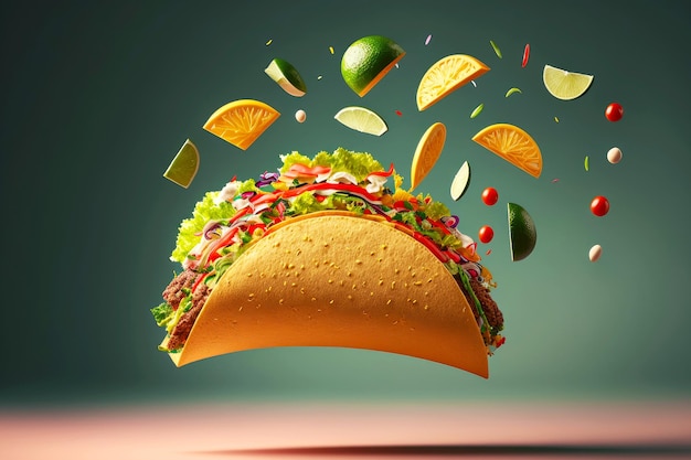 Foto tacos levitando en el aire con carne lima verduras comida rápida mexicana