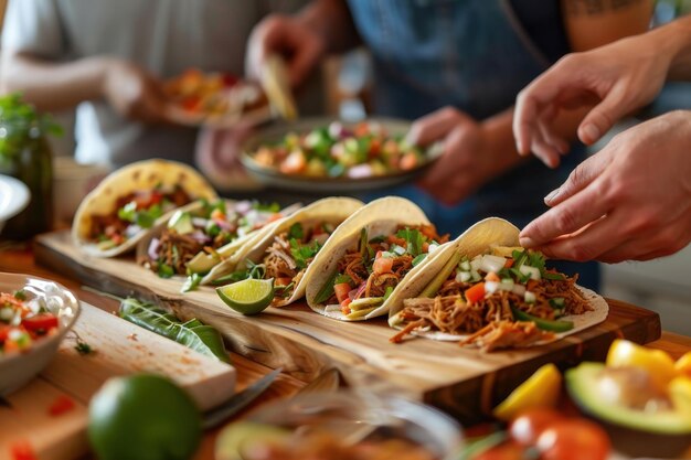 Tacos llenos de carne picada y adornados con hierbas servidos en una acogedora cena con amigos