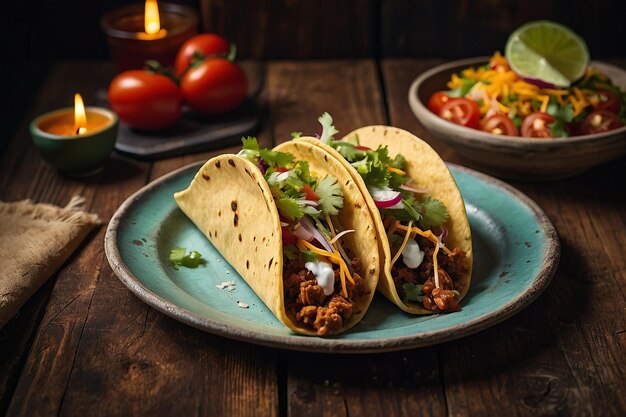 Tacos en una mesa de madera rústica