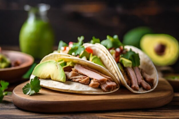 Tacos mexicanos ahumados de cerdo y frijoles con lechuga y ensalada de aguacate