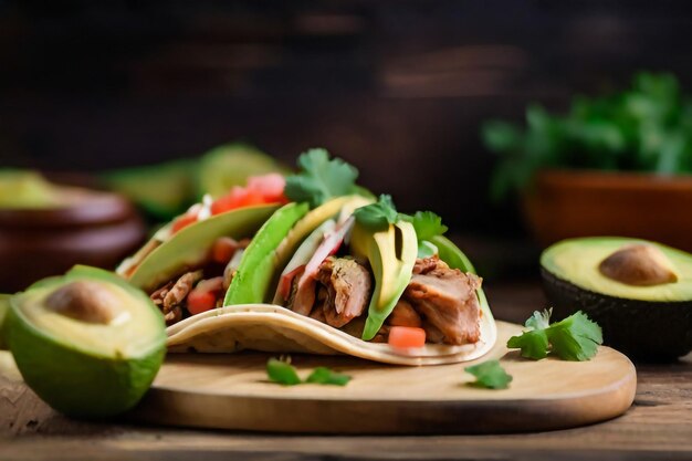 Tacos mexicanos ahumados de cerdo y frijoles con lechuga y ensalada de aguacate