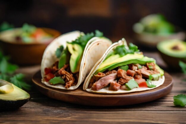 Tacos mexicanos ahumados de cerdo y frijoles con lechuga y ensalada de aguacate