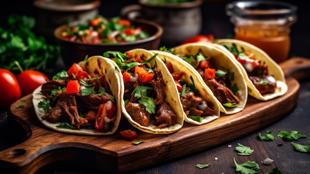 Tacos mexicanos con carne de res en salsa de tomate en una mesa de madera Tacos mexicos en una mesa De madera