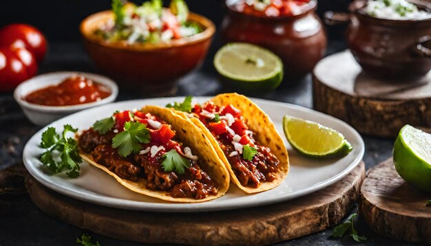 Foto tacos mexicanos con carne de res en salsa de tomate y salsa