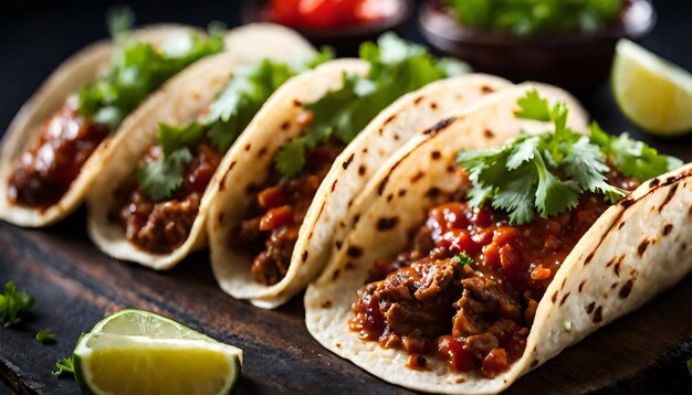 Foto tacos mexicanos con carne de res en salsa de tomate y salsa