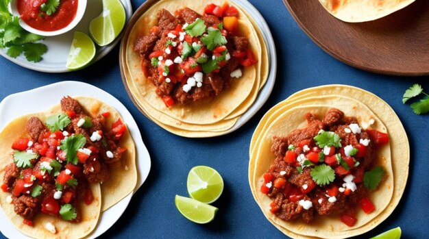 Tacos mexicanos con carne de res en salsa de tomate y salsa