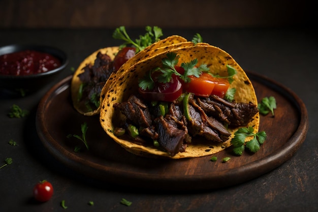 tacos mexicanos con carne de res en salsa de tomate y salsa