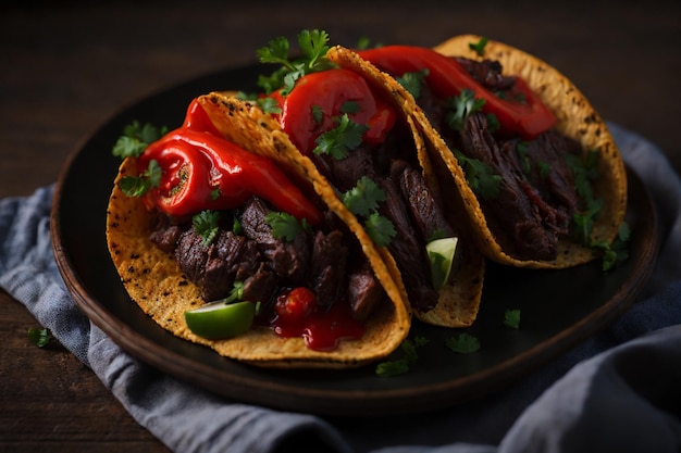 tacos mexicanos con carne de res en salsa de tomate y salsa