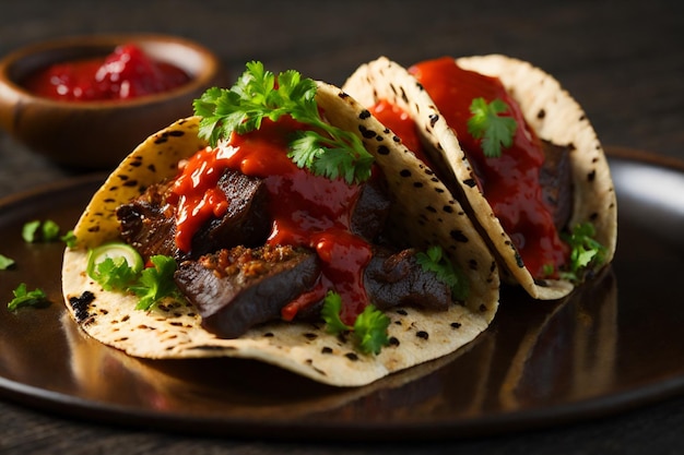 tacos mexicanos con carne de res en salsa de tomate y salsa