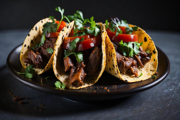 tacos mexicanos con carne de res en salsa de tomate y salsa