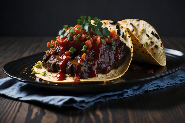 tacos mexicanos con carne de res en salsa de tomate y salsa