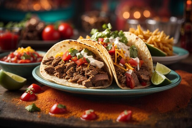 tacos mexicanos con carne en salsa de tomate y salsa