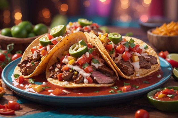 tacos mexicanos de carne en salsa de tomate y salsaTacos de verduras