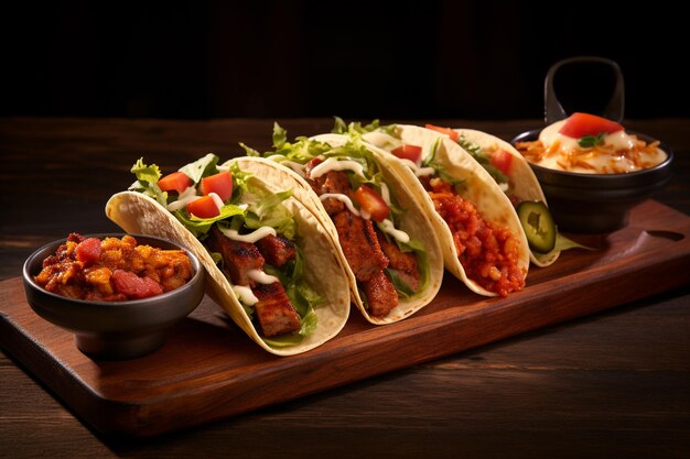 Tacos mexicanos con carne y verduras en una mesa de madera en un restaurante