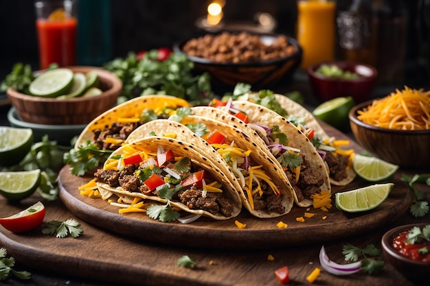 tacos mexicanos con carne, verduras y queso