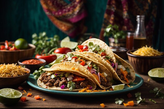 tacos mexicanos con carne, verduras y queso