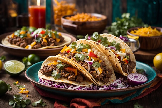 tacos mexicanos con carne, verduras y queso