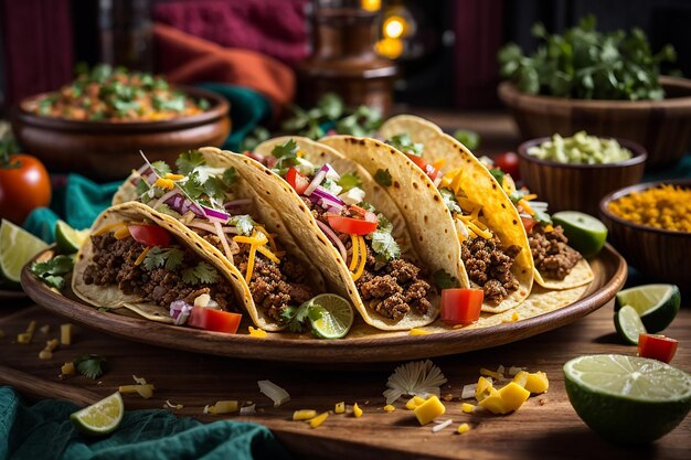 tacos mexicanos con carne, verduras y queso