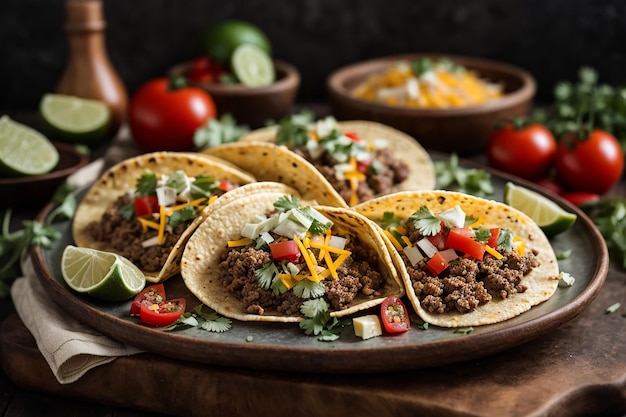 tacos mexicanos con carne, verduras y queso