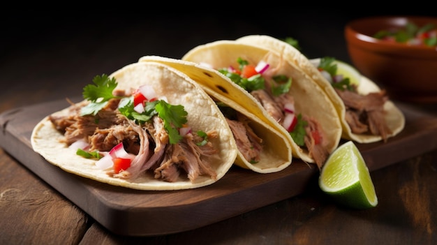 Tacos mexicanos de carnitas de puerco Ilustración AI GenerativexA