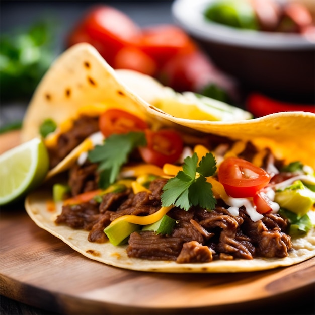 Tacos mexicanos com carne ao molho de tomate e salsa generative ai