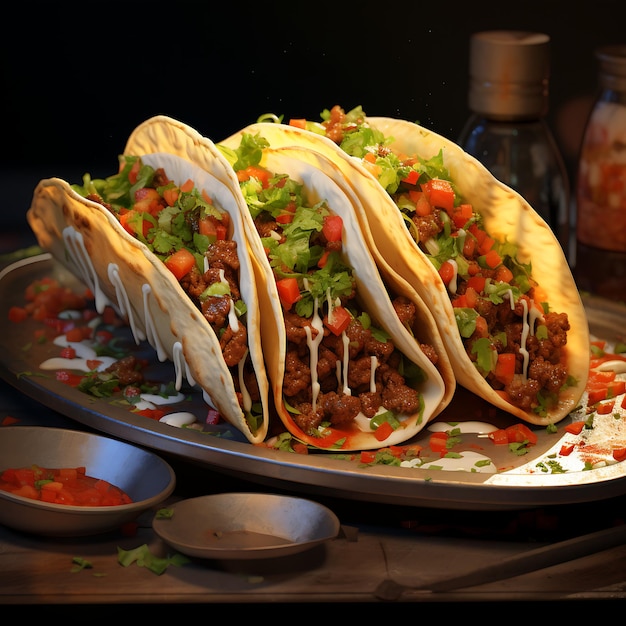 Tacos mexicanos com carne, cilantro e limão em um prato