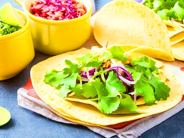 tacos mexicanos com carne de porco carnitas tacos de rua em tortilla de milho amarelo com imagem de cebola