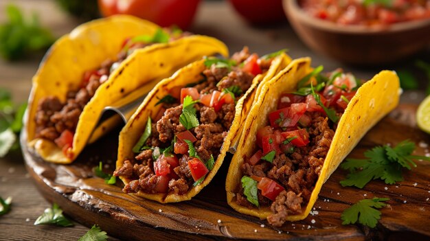 tacos mexicanos com carne de vaca em molho de tomate e salsa Closeup