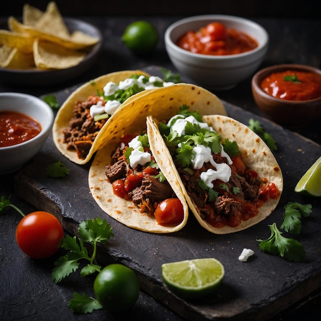 Tacos mexicanos com carne de vaca em molho de tomate e salsa