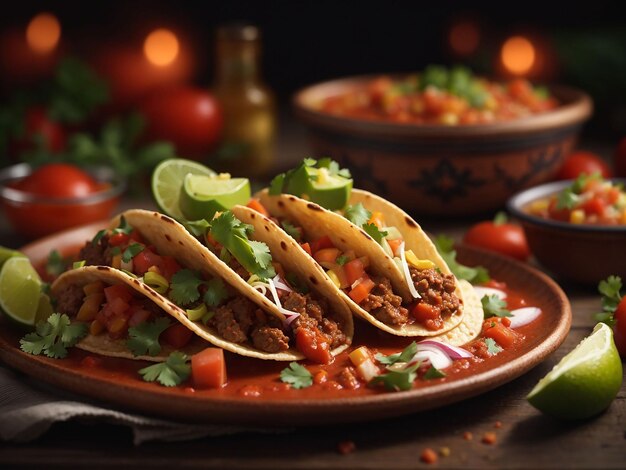 Foto tacos mexicanos com carne de vaca em molho de tomate e salsa