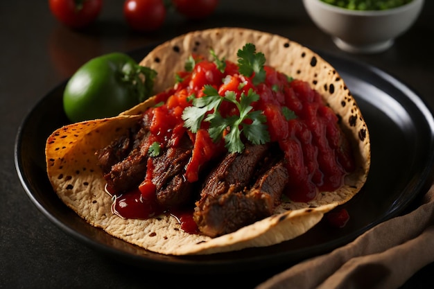 tacos mexicanos com carne de vaca em molho de tomate e salsa