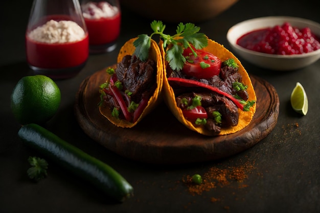 tacos mexicanos com carne de vaca em molho de tomate e salsa