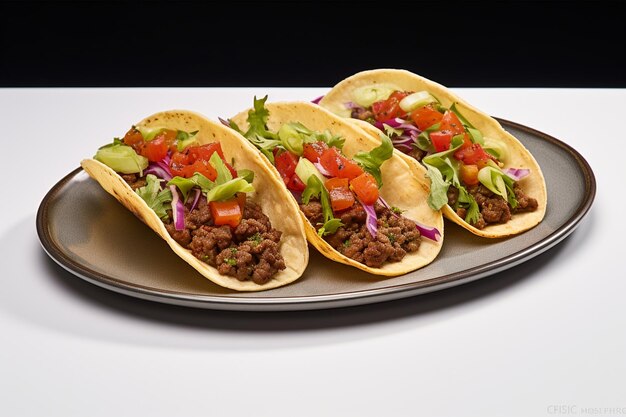 Tacos mexicanos com carne e legumes isolados em fundo branco com espaço para cópia