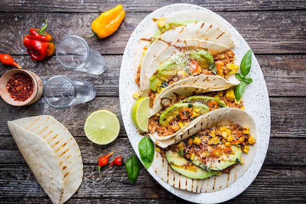 Tacos mexicanos com carne, feijão, milho e salsa Vista superior