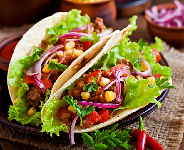 Tacos mexicanos com carne, legumes e cebola vermelha