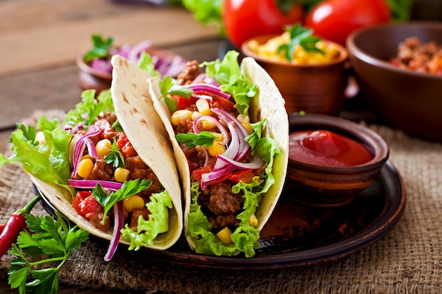 Tacos mexicanos com carne, legumes e cebola vermelha