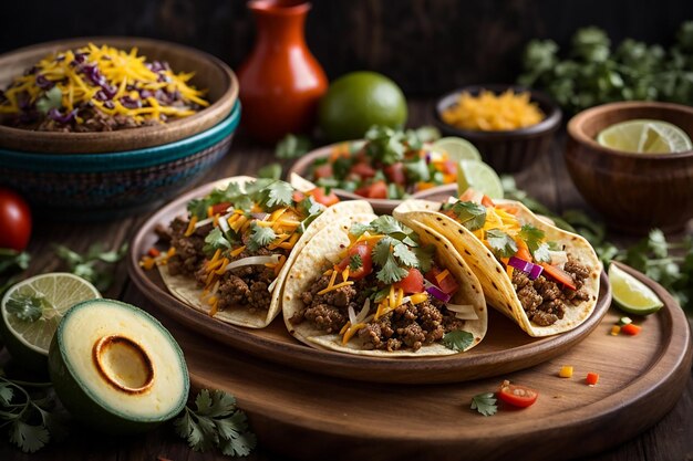 tacos mexicanos com carne, legumes e queijo